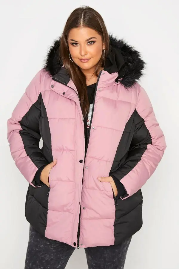 Yours Pink & Black Colour Block Padded Puffer Coat, Women's Curve & Plus Size, Yours