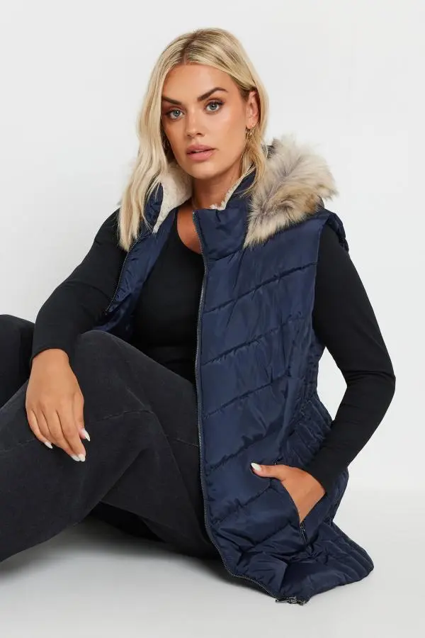 Yours Curve Navy Blue Faux Fur Trim Padded Gilet, Women's Curve & Plus Size, Yours