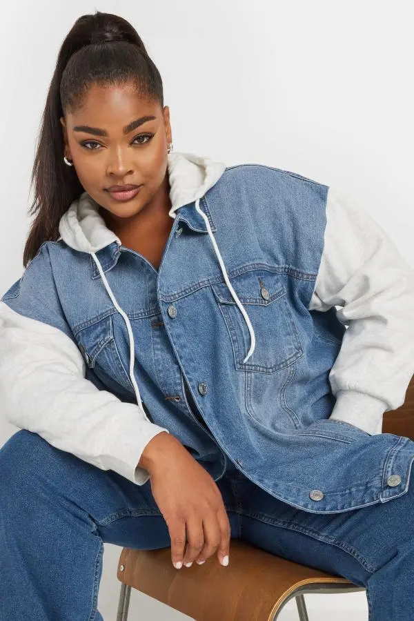 Yours Curve Blue Sweatshirt Hooded Denim Jacket, Women's Curve & Plus Size, Yours