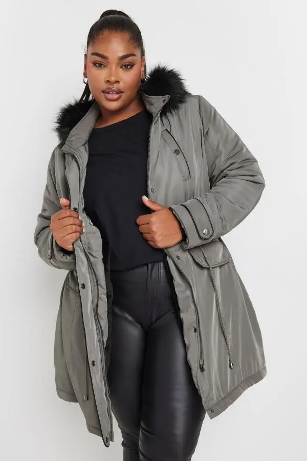 Yours Curve Charcoal Grey Faux Fur Trim Plush Parka Jacket, Women's Curve & Plus Size, Yours