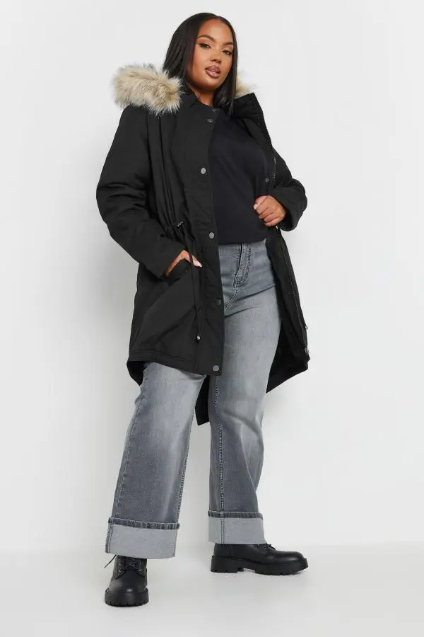 Yours Curve Black Faux Fur Trim Parka Coat, Women's Curve & Plus Size, Yours