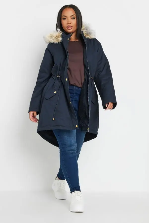 Yours Curve Navy Blue Faux Fur Trim Parka Coat, Women's Curve & Plus Size, Yours