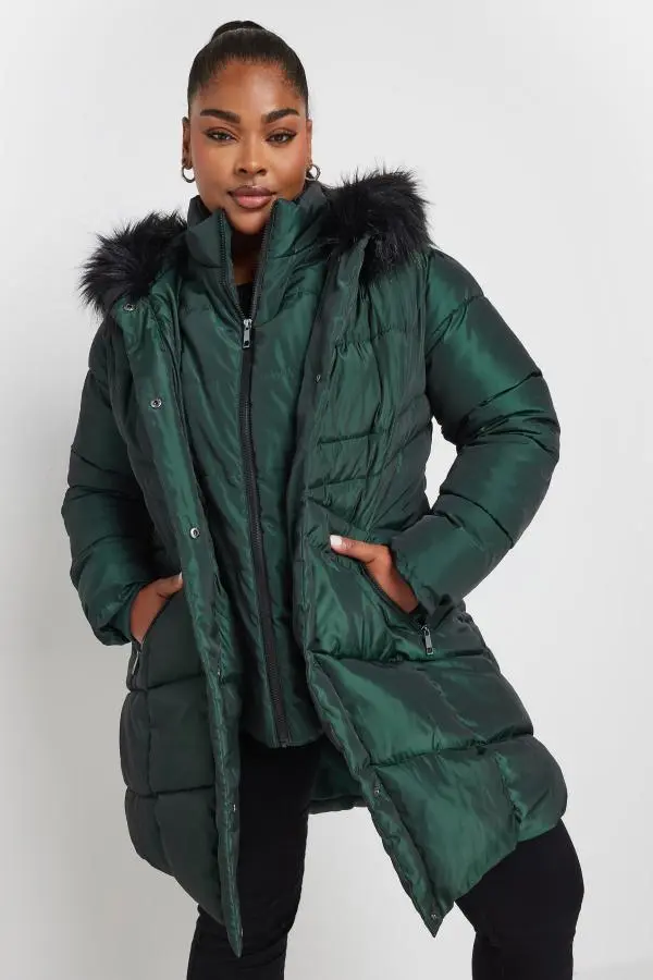 Yours Curve Forest Green Faux Fur Trim Puffer Coat, Women's Curve & Plus Size, Yours