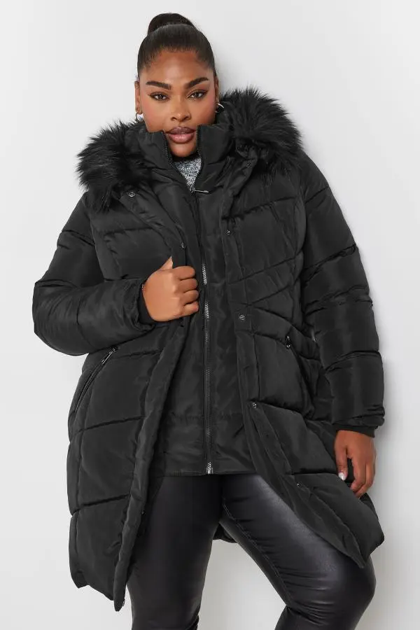 Yours Curve Black Faux Fur Trim Puffer Coat, Women's Curve & Plus Size, Yours