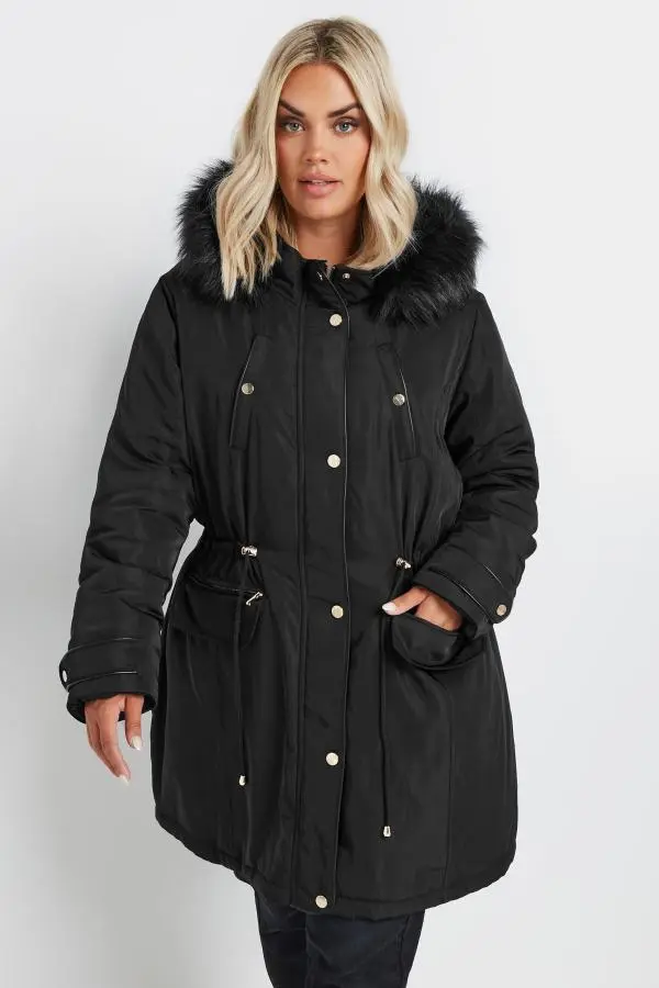 Yours Curve Black Faux Fur Trim Plush Parka Jacket, Women's Curve & Plus Size, Yours