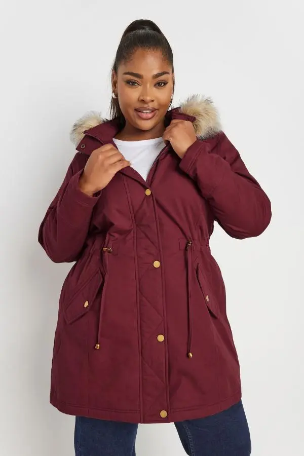 Yours Curve Burgundy Red Faux Fur Trim Parka Coat, Women's Curve & Plus Size, Yours