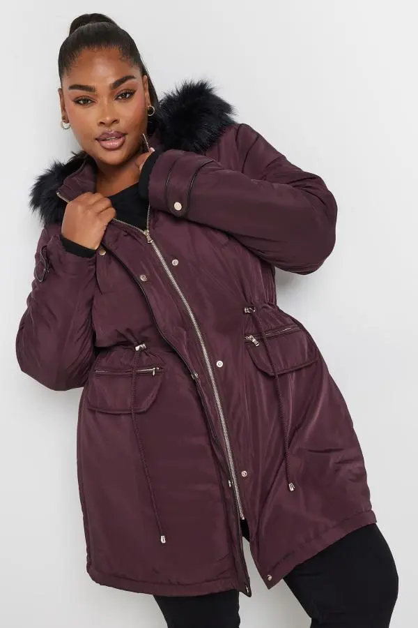 Yours Curve Burgundy Red Faux Fur Trim Plush Parka Jacket, Women's Curve & Plus Size, Yours