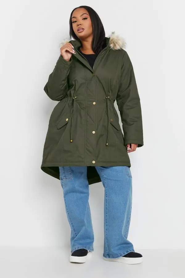 Yours Curve Khaki Green Faux Fur Trim Parka Coat, Women's Curve & Plus Size, Yours