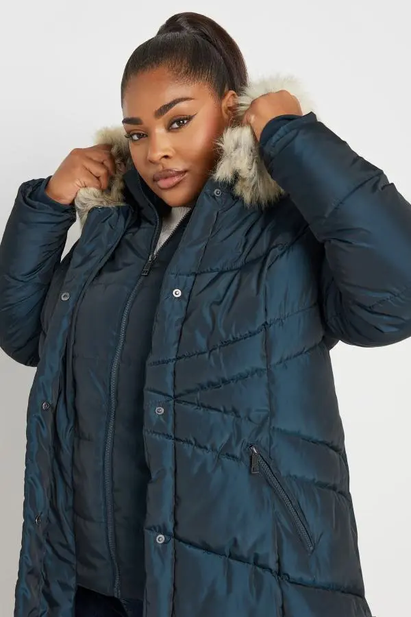 Yours Curve Navy Blue Faux Fur Trim Puffer Coat, Women's Curve & Plus Size, Yours