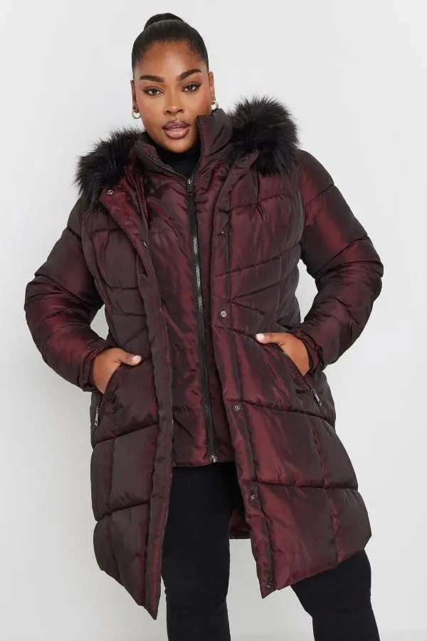 Yours Curve Burgundy Red Faux Fur Trim Puffer Coat, Women's Curve & Plus Size, Yours