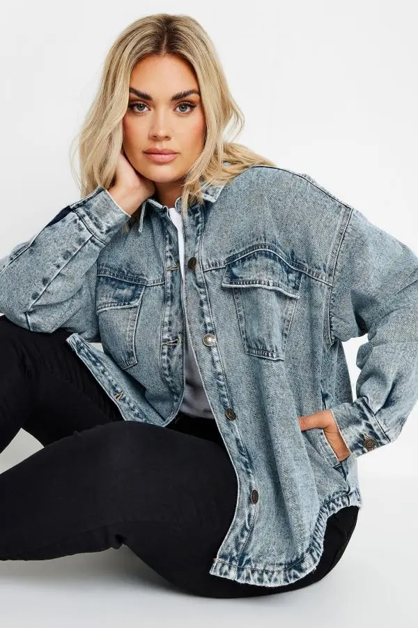 Yours Curve Blue Quilted Denim Shacket, Women's Curve & Plus Size, Yours