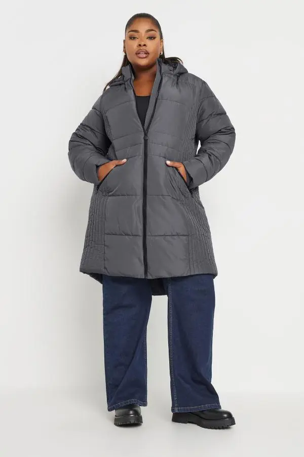 Yours Curve Grey Midi Padded Coat, Women's Curve & Plus Size, Yours