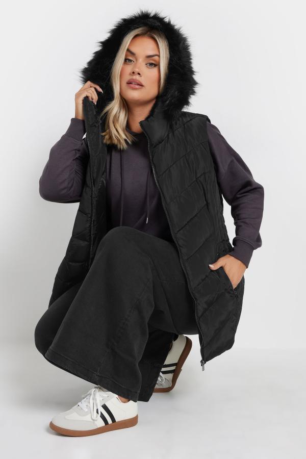 Yours Curve Black Faux Fur Trim Padded Gilet, Women's Curve & Plus Size, Yours