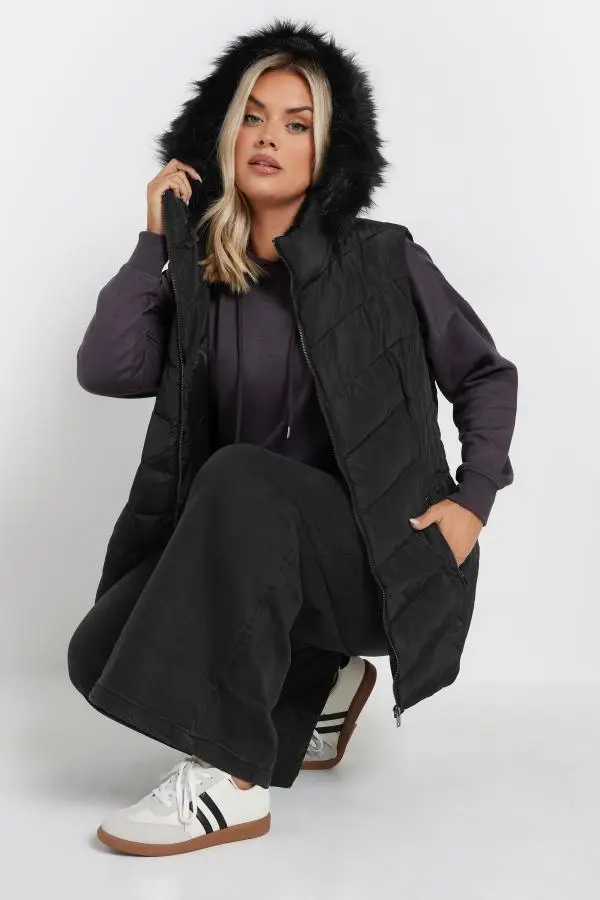 Yours Curve Black Faux Fur Trim Padded Gilet, Women's Curve & Plus Size, Yours