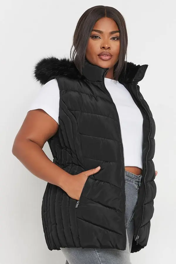 Yours Curve Black Faux Fur Trim Padded Gilet, Women's Curve & Plus Size, Yours