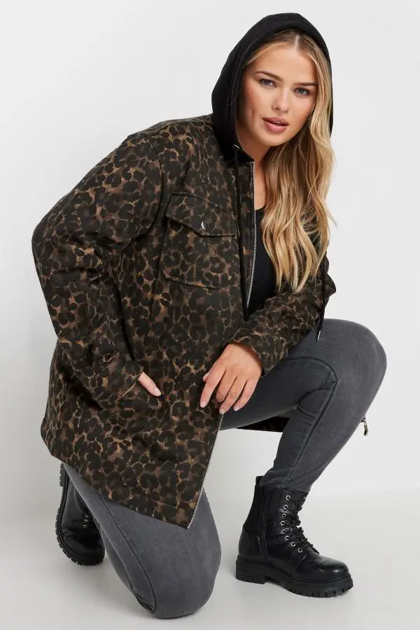 Yours Curve Brown Leopard Print Hooded Shacket, Women's Curve & Plus Size, Yours