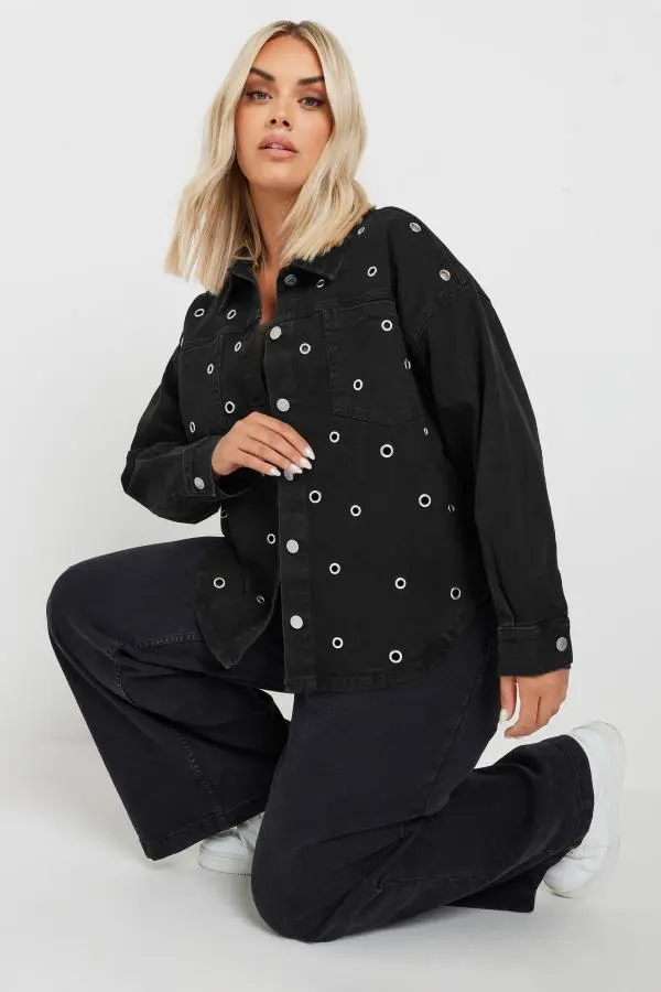 Yours Curve Black Eyelet Denim Jacket, Women's Curve & Plus Size, Yours