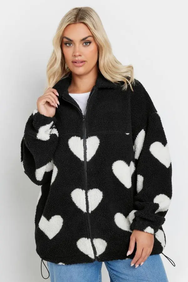 Yours Curve Black Love Heart Fleece Jacket, Women's Curve & Plus Size, Yours