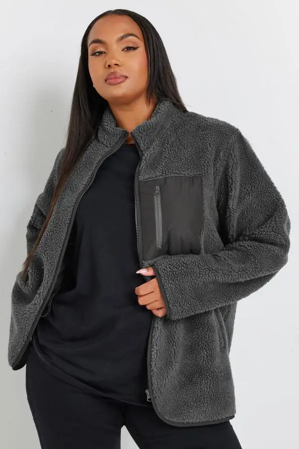 Yours Curve Charcoal Grey Pocket Teddy Fleece Jacket, Women's Curve & Plus Size, Yours