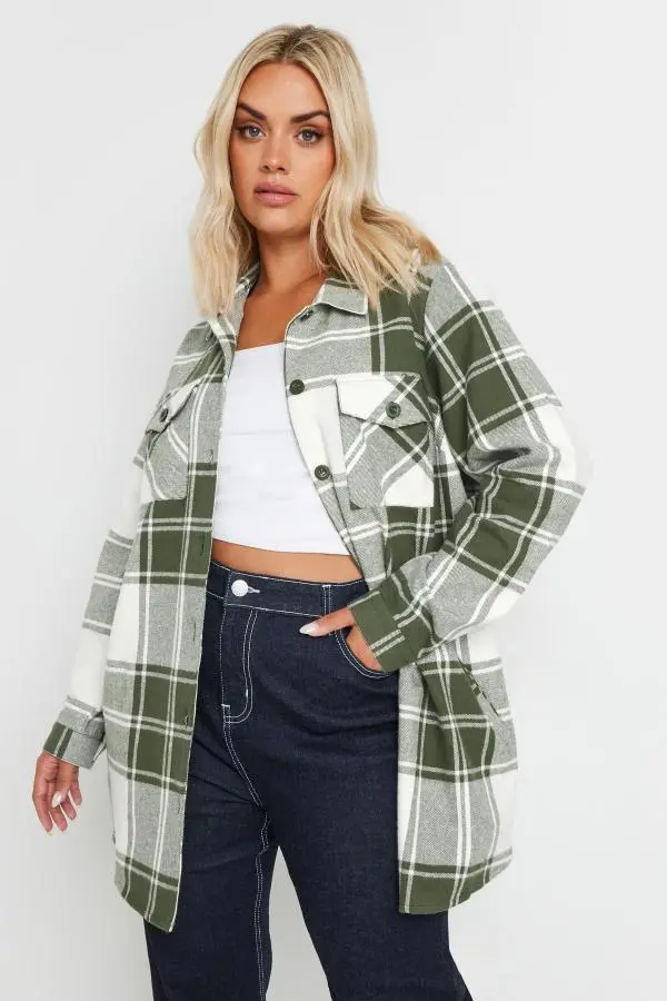 Yours Curve Khaki Green Check Shacket, Women's Curve & Plus Size, Yours