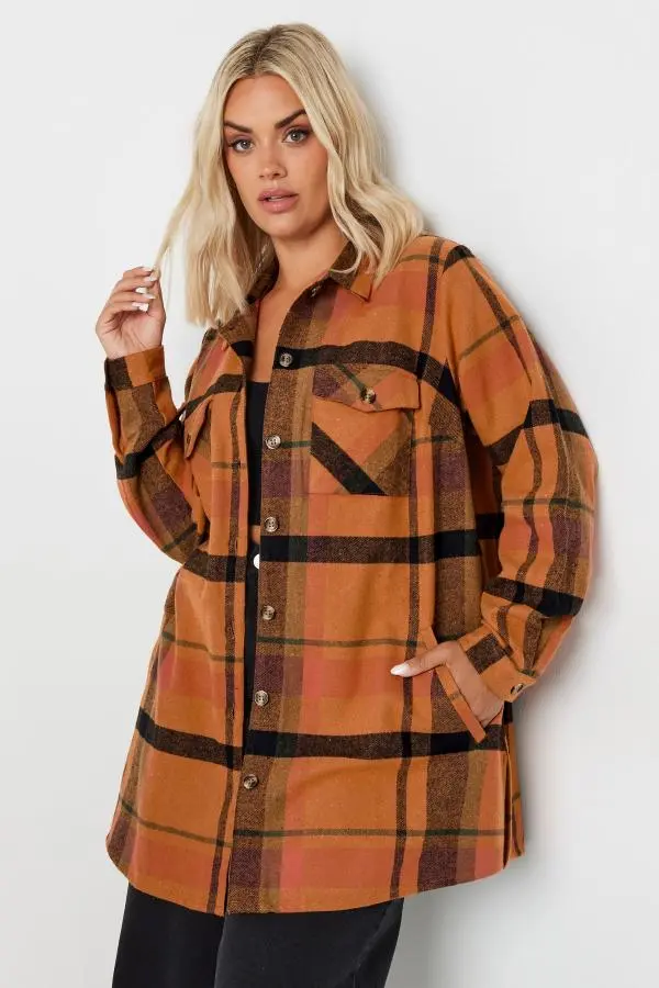 Yours Curve Rust Orange Check Shacket, Women's Curve & Plus Size, Yours