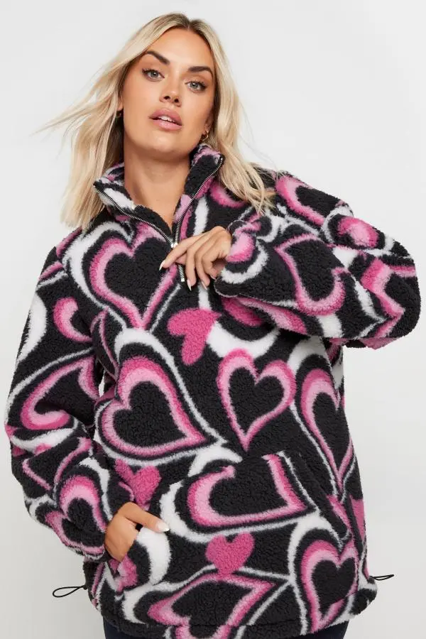 Yours Curve Black & Pink Heart Print Quarter Zip Teddy Fleece, Women's Curve & Plus Size, Yours