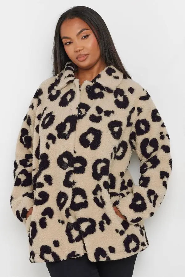 Yours Curve Brown Leopard Print Teddy Fleece Jacket, Women's Curve & Plus Size, Yours