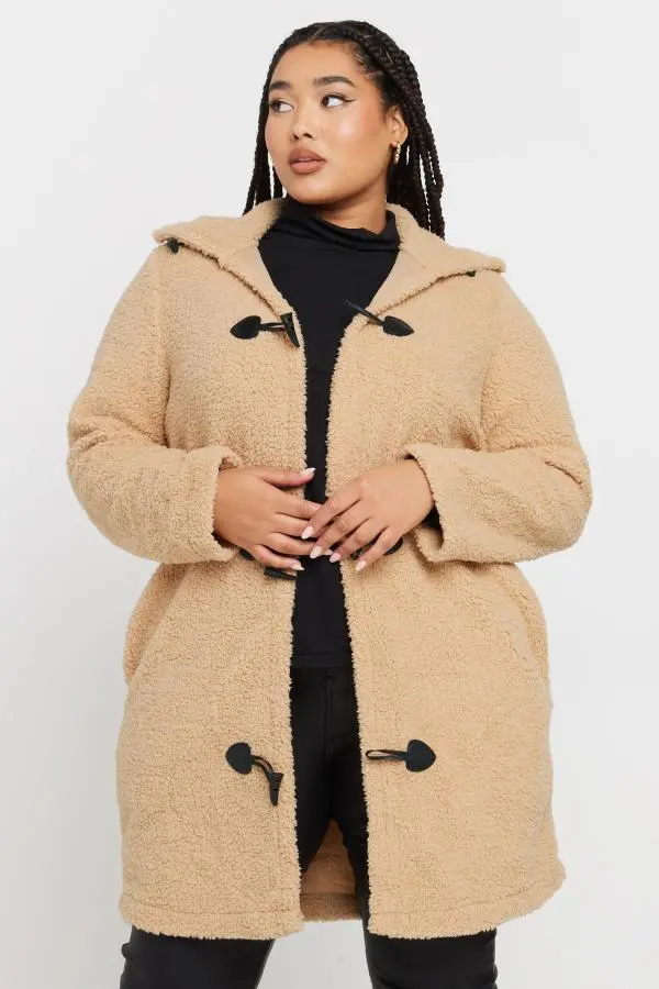 Yours Curve Natural Brown Faux Fur Longline Toggle Jacket, Women's Curve & Plus Size, Yours