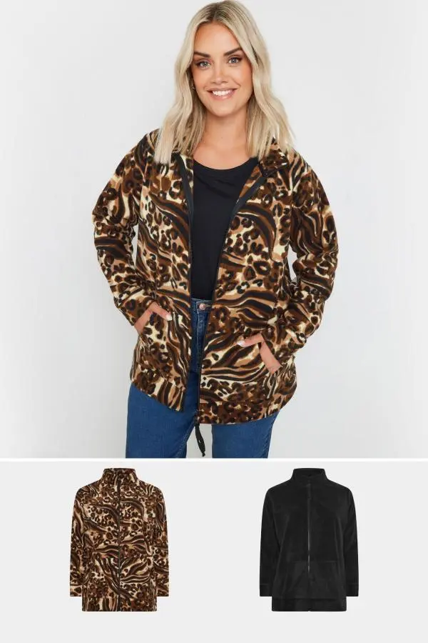 Yours 2 Pack Curve Black & Brown Animal Print Fleece Jackets, Women's Curve & Plus Size, Yours