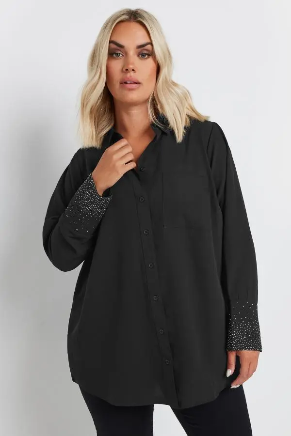 Yours Curve Black Diamante Sleeve Shirt, Women's Curve & Plus Size, Yours