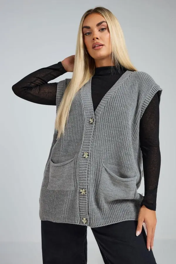 Limited Collection Curve Grey Short Sleeve Knitted Waistcoat, Women's Curve & Plus Size, Limited Collection