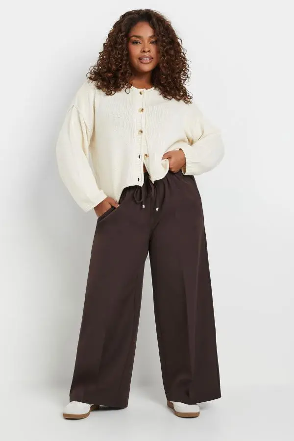 Yours Curve Brown Pull On Wide Leg Trousers, Women's Curve & Plus Size, Yours