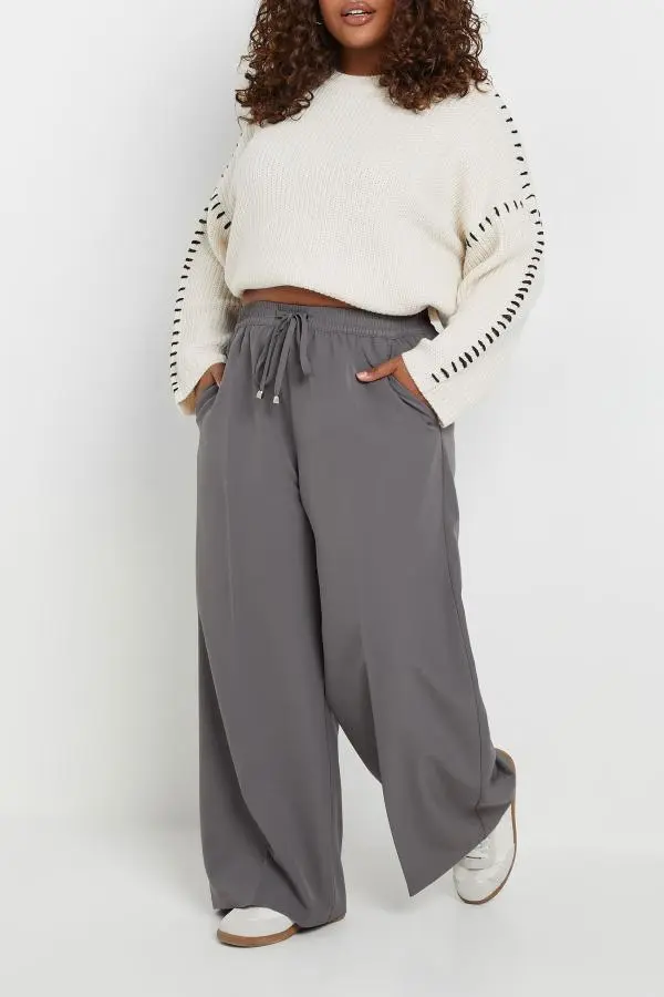 Yours Curve Grey Pull On Wide Leg Trousers, Women's Curve & Plus Size, Yours