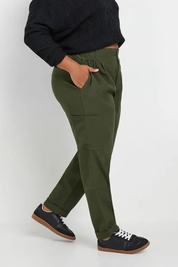 Yours Curve Green Paperbag Waist Cargo Trousers, Women's Curve & Plus Size, Yours