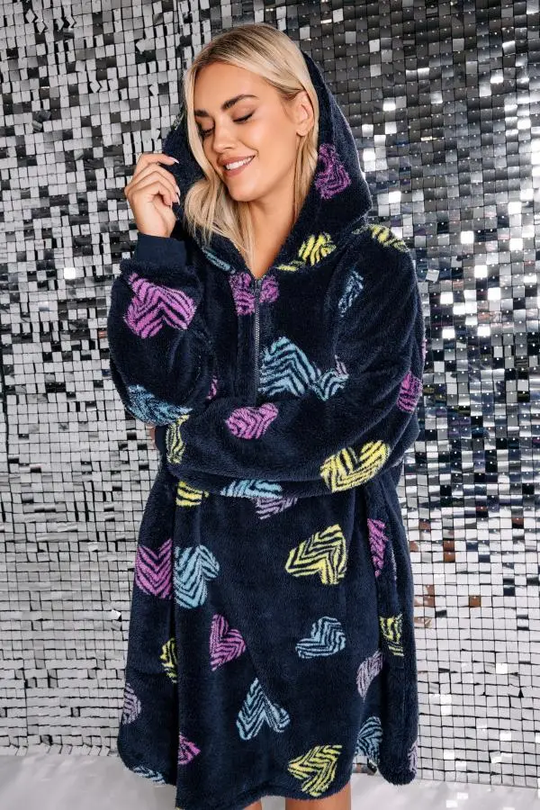 Yours Curve Navy Blue Soft Touch Animal Heart Print Snuggle Hoodie