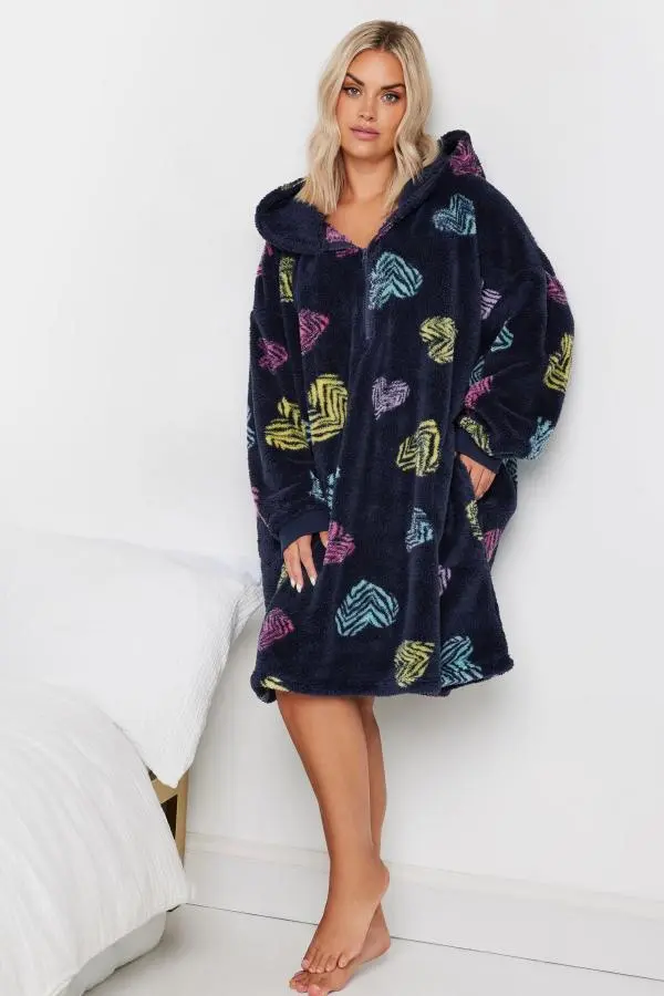 Yours Curve Navy Blue Soft Touch Animal Heart Print Snuggle Hoodie