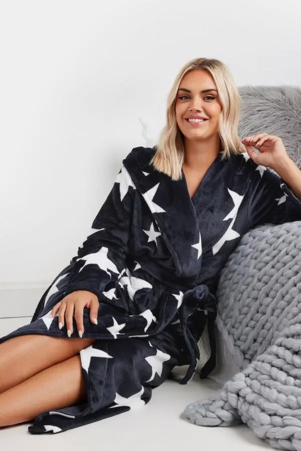 Yours Curve Navy Blue Star Print Hooded Maxi Dressing Gown