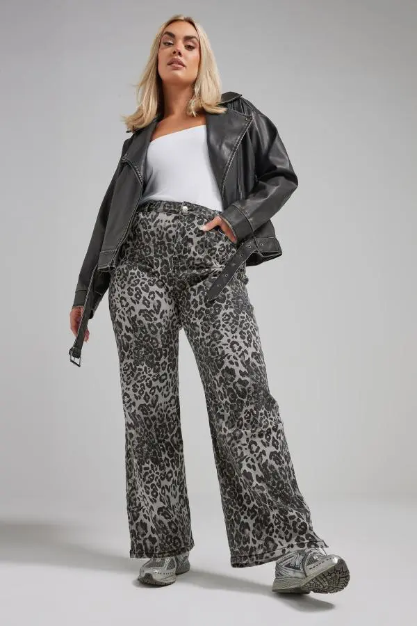 Limited Collection Curve Grey Leopard Print Wide Leg Jeans, Women's Curve & Plus Size, Limited Collection