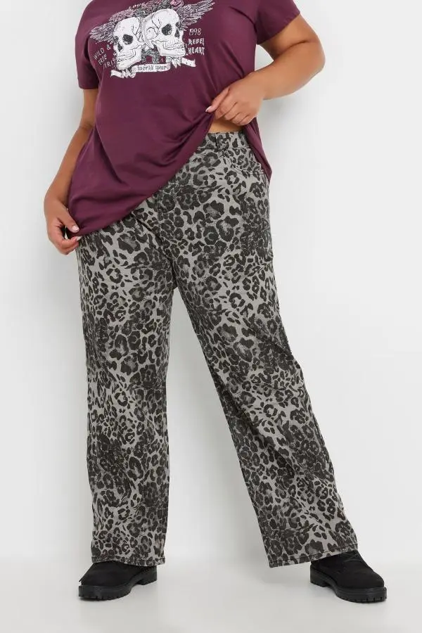 Limited Collection Curve Grey Leopard Print Wide Leg Jeans, Women's Curve & Plus Size, Limited Collection