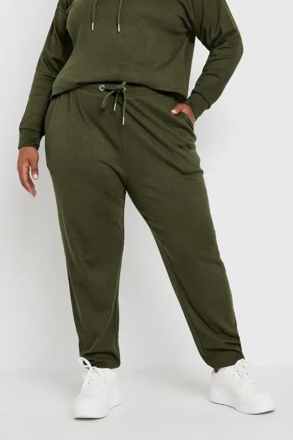 Yours Curve Khaki Green Ribbed Joggers, Women's Curve & Plus Size, Yours