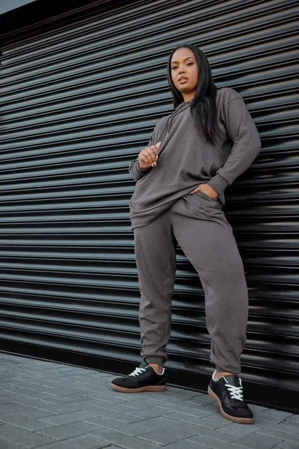 Yours Curve Charcoal Grey Ribbed Joggers, Women's Curve & Plus Size, Yours