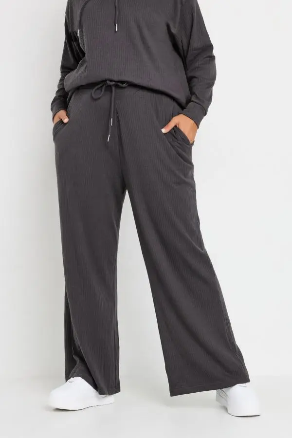 Yours Curve Charcoal Grey Ribbed Wide Leg Joggers, Women's Curve & Plus Size, Yours