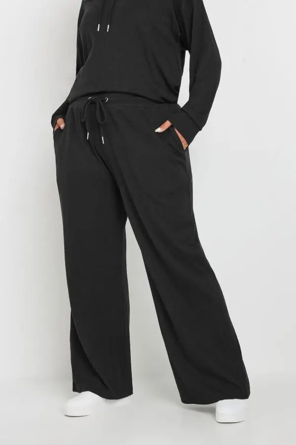 Yours Curve Black Ribbed Wide Leg Joggers, Women's Curve & Plus Size, Yours