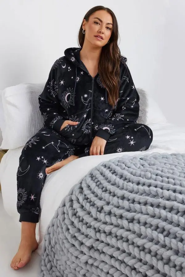 Yours Curve Navy Blue Celestial Print Hooded Onesie