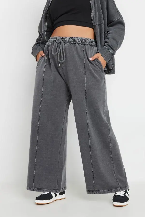 Yours Curve Grey Acid Wash Wide Leg Joggers, Women's Curve & Plus Size, Yours