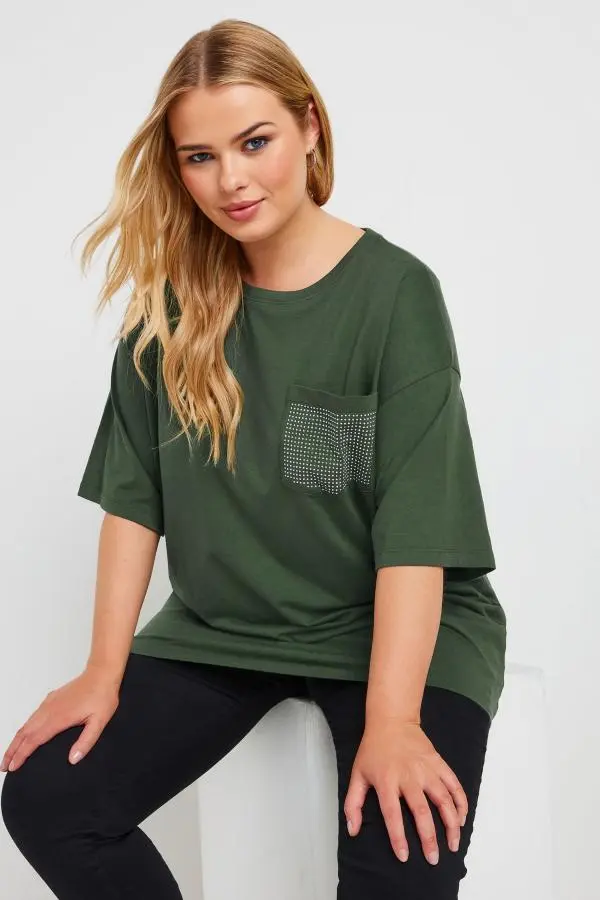 Yours Curve Green Stud Embellished Pocket Oversized Tshirt, Women's Curve & Plus Size, Yours