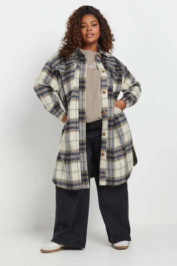 Yours Curve Blue Check Print Longline Shacket, Women's Curve & Plus Size, Yours