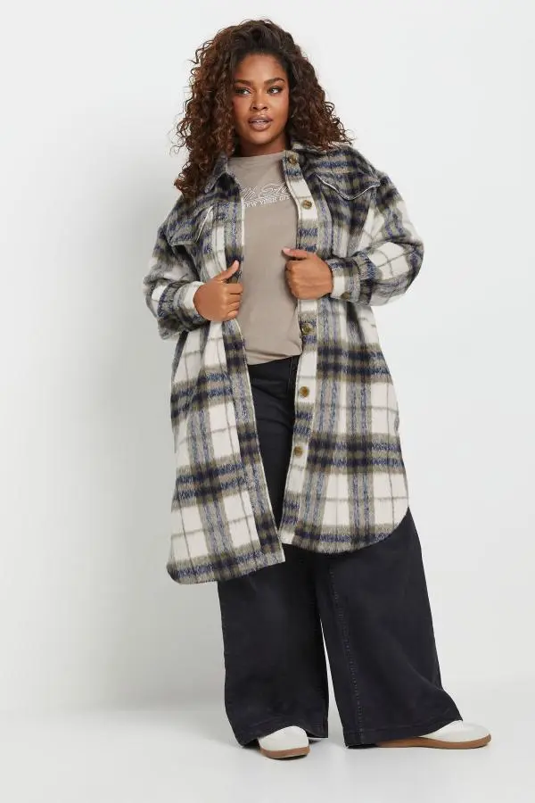 Yours Curve Blue Check Print Longline Shacket, Women's Curve & Plus Size, Yours