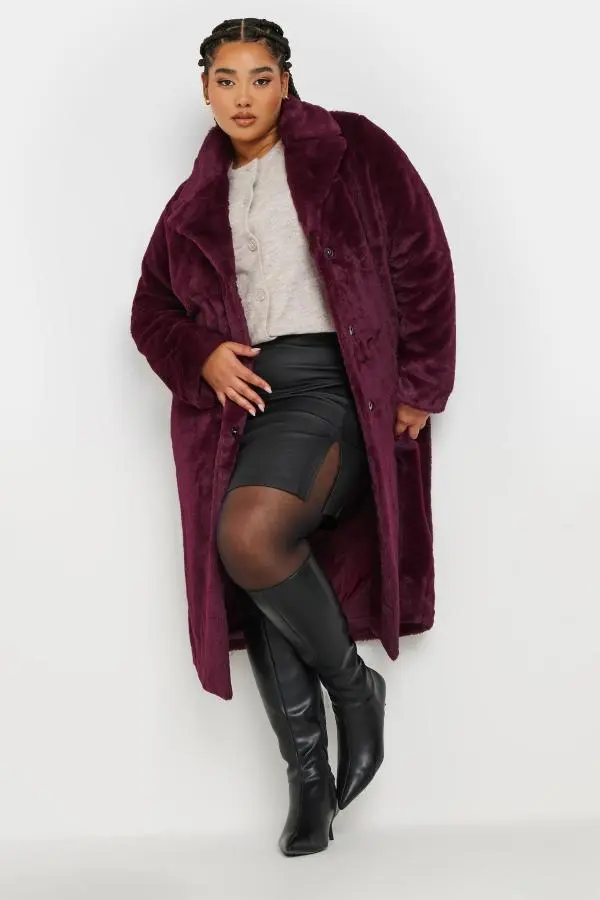 Yours Curve Burgundy Red Plush Faux Fur Coat, Women's Curve & Plus Size, Yours