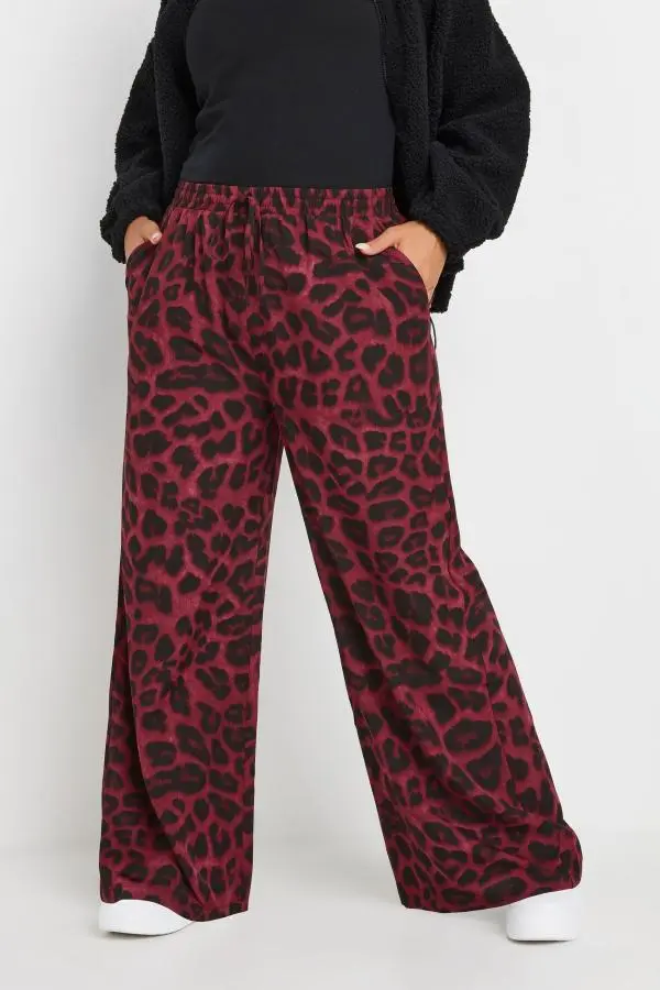 Yours Curve Burgundy Red Leopard Print Wideleg Trousers, Women's Curve & Plus Size, Yours